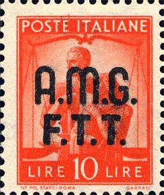 Democratica, Überdruck in zwei Zeilen - Paar mit Kind und Waage der Gerechtigkeit