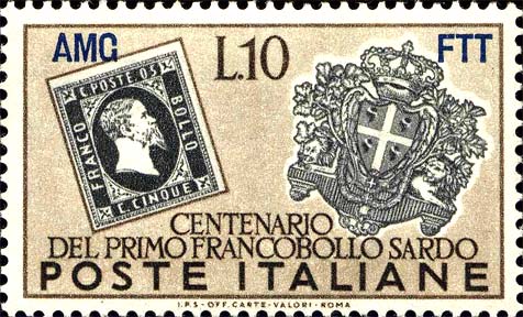 Hundertjähriges Jubiläum der ersten sardischen Briefmarken - 5 Cent von Sardinien und das Wappen von Cagliari