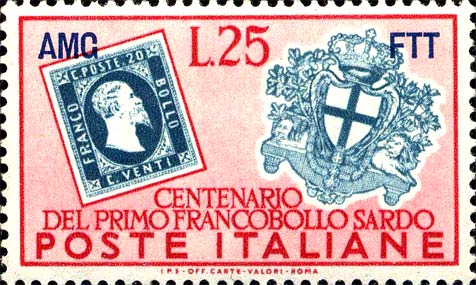 Hundertjähriges Jubiläum der ersten sardischen Briefmarken - 20 Cent von Sardinien und Wappen von Genua