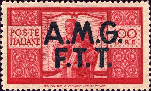 Democratica, Überdruck in zwei Zeilen - Paar mit Kind und Waage der Gerechtigkeit