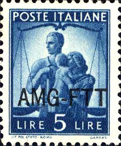 Democratica, einzeiliger Überdruck - Paar mit Kind und Waage der Gerechtigkeit