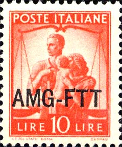 Democratica, einzeiliger Überdruck - Paar mit Kind und Waage der Gerechtigkeit