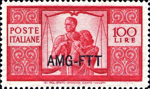 Democratica, einzeiliger Überdruck - Paar mit Kind und Waage der Gerechtigkeit