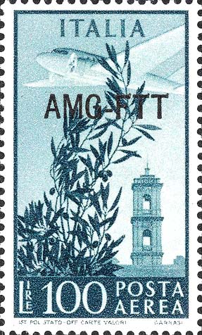 Democratica, einzeiliger Überdruck - Olivenbaum, Flugzeug und Kapitolsturm