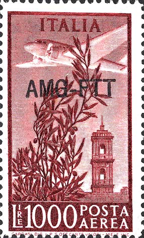 Democratica, einzeiliger Überdruck - Olivenbaum, Flugzeug und Kapitolsturm