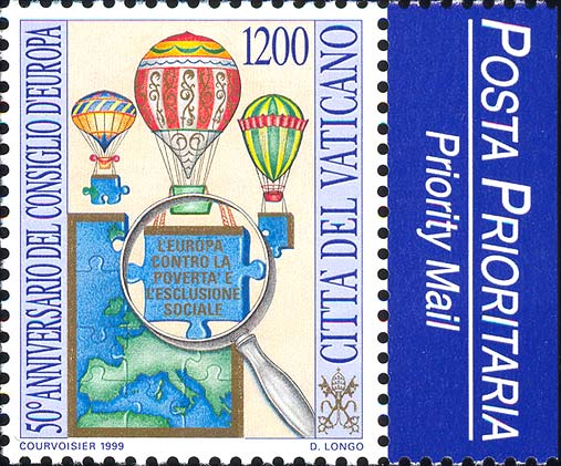 50. Jahrestag des Europarats - Heißluftballons, eine Lupe und eine Europakarte
