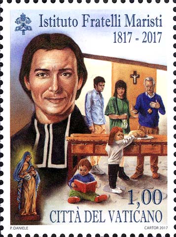 200. Jahrestag der Gründung der Maristenbrüder - Porträt von Marcellin Champagnat und Tafel der ersten Brüdergemeinschaft in La Valla