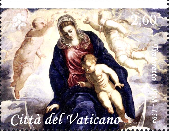Große venezianische Maler - Madonna mit Kind, angebetet von den Evangelisten Markus und Lukas, von Tintoretto