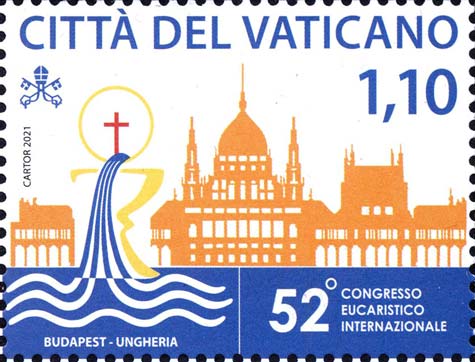 52. Internationaler Eucharistischer Kongress - Logo des Eucharistischen Kongresses und des ungarischen Parlamentsgebäudes