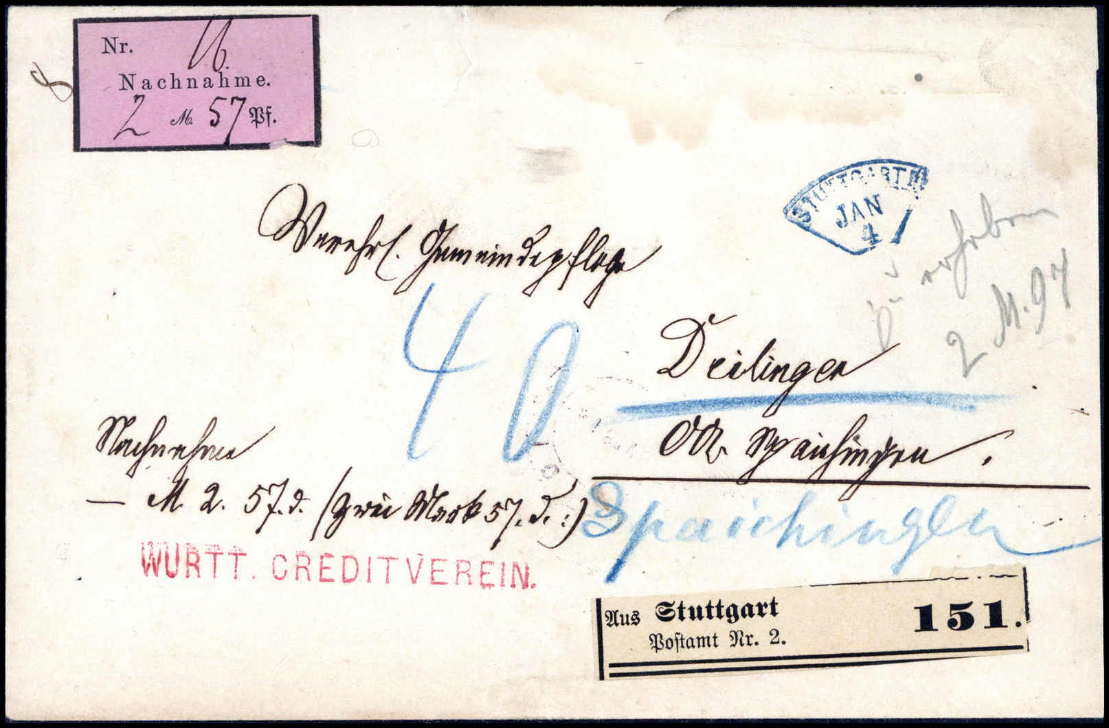 STUTTGART II, blauer Fächerstempel auf Nachnahme - Paketbegleitbrief (kl. Mängel), sign. Winkler BPP.