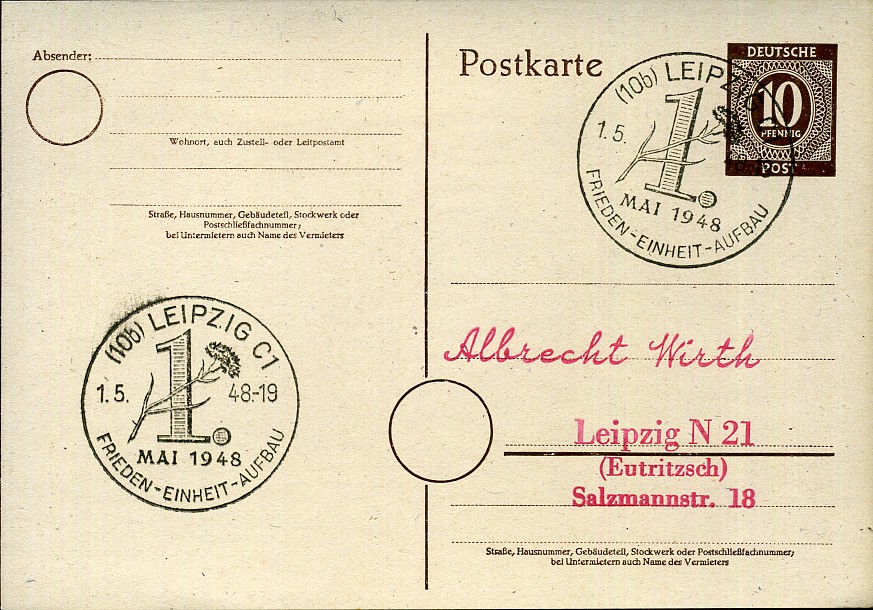 1. Mai 1948 Frieden - Einheit - Aufbau - Sonderstempel - Leipzig C1