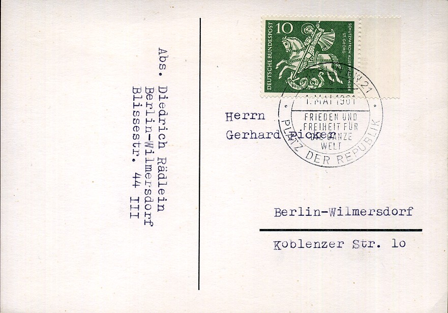 1. Mai 1961 Frieden und Freiheit für die ganze Welt - Sonderstempel - Berlin NW 21