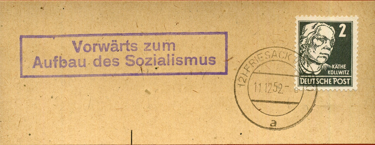Vorwärts zum Aufbau des Sozialismus - Handstempel - violett - Friesack