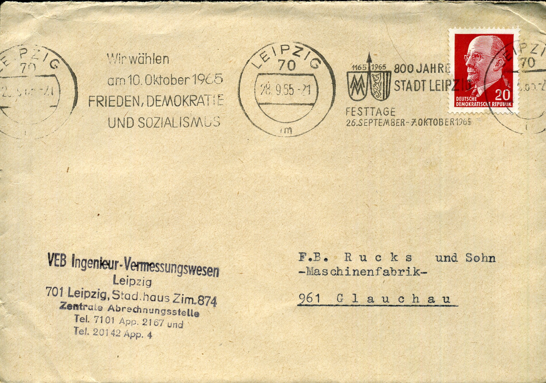 Wir wählen am 10. Oktober 1965 FRIEDEN, DEMOKRATIE UND SOZIALISMUS - Maschinenwerbestempel - Leipzig