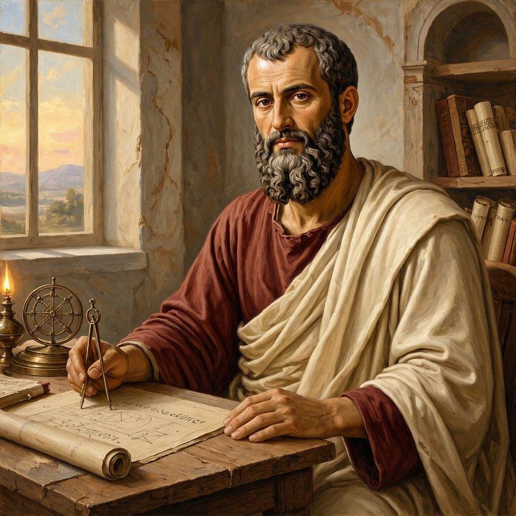 ein fiktives Selbstportrait im Stile von Archimedes von Syrakus (nach den Vorstellungen und Halluzinationen der KI - MS Copilot generated image) - Mit KI erstellt - Microsoft Bing - Image Creator