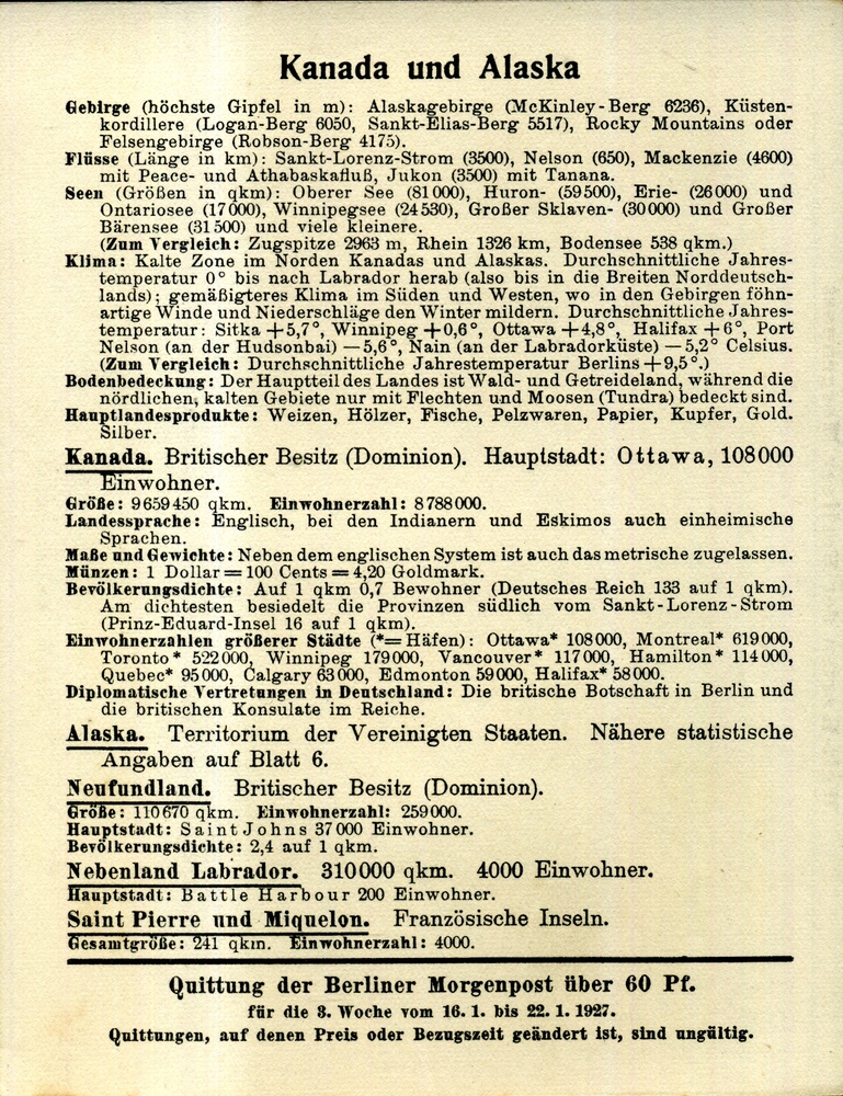 Canada / Kanada - Welt-Karten der Berliner Morgenpost 1927