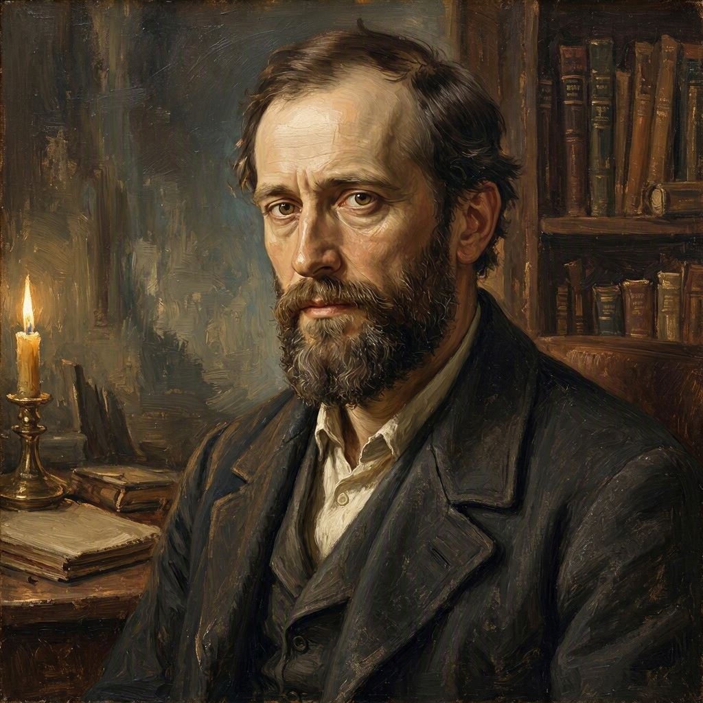 ein fiktives Selbstportrait im Stile von Fjodor Michailowitsch Dostojewski (nach den Vorstellungen und Halluzinationen der KI - MS Copilot generated image) - Mit KI erstellt - Microsoft Bing - Image Creator