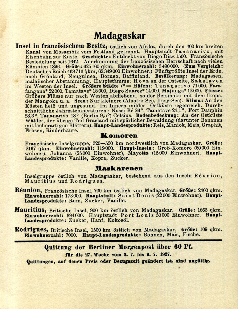 Madagaskar - Welt-Karten der Berliner Morgenpost 1927