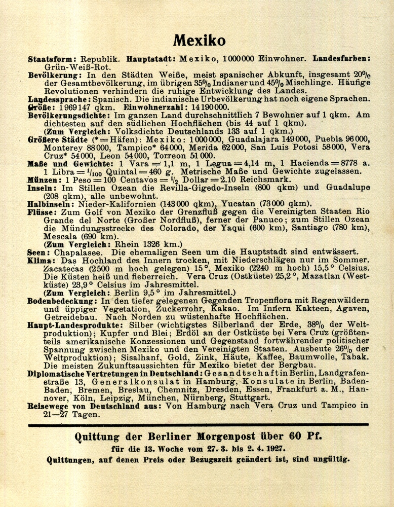 Mexiko - Welt-Karten der Berliner Morgenpost 1927