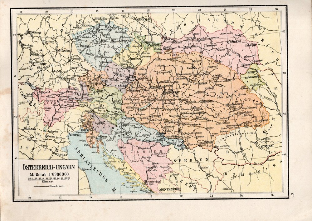Österreich-Ungarn 1908 - aus: Neuer Familien - Atlas Jean Frey. Schweizerische Wochenzeitung. Zürich 1908