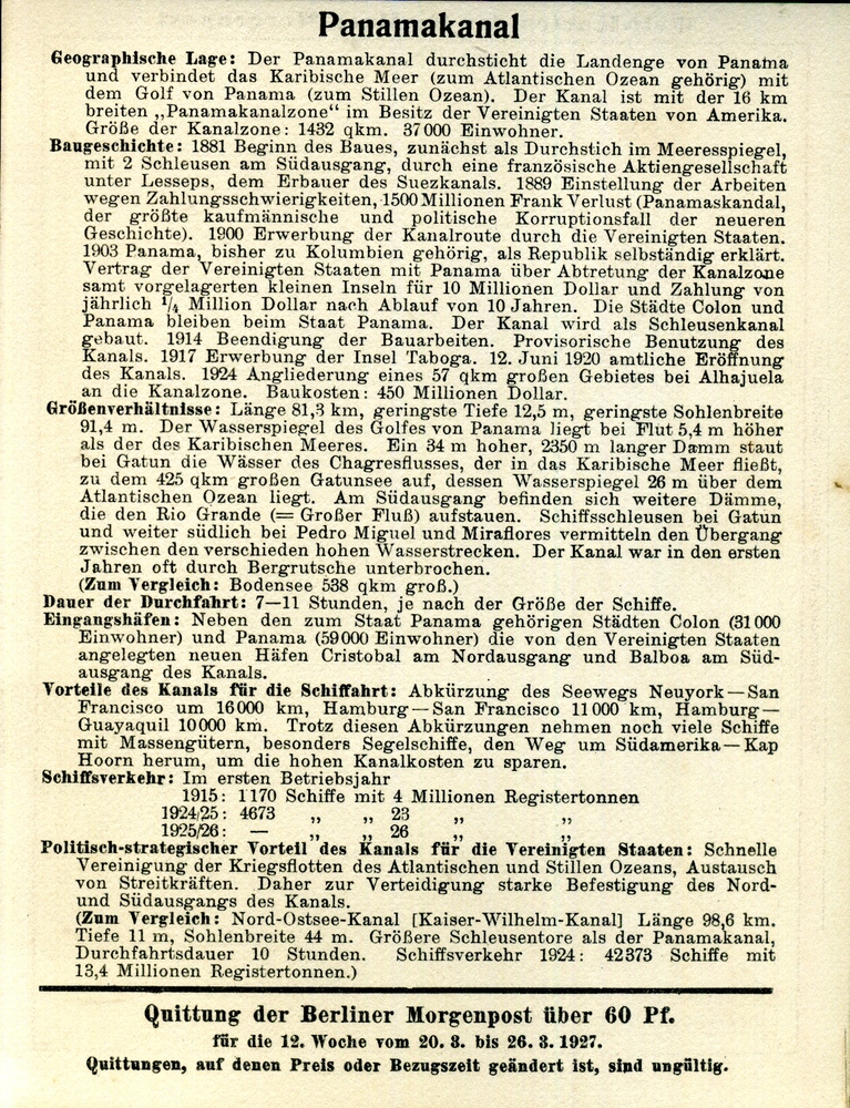 Panama - Welt-Karten der Berliner Morgenpost 1927