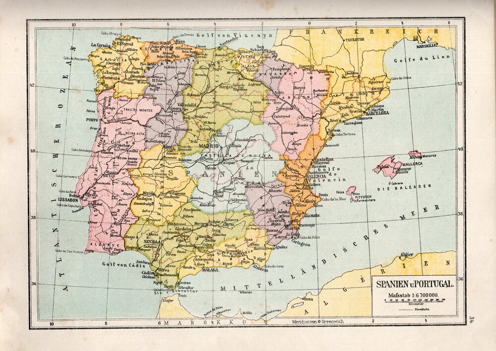 Spanien u. Portugal 1908 - aus: Neuer Familien - Atlas Jean Frey. Schweizerische Wochenzeitung. Zürich 1908
