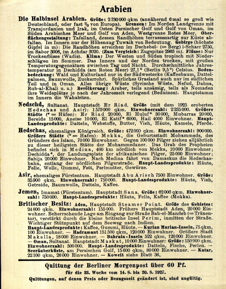 Saudi Arabien / Hedschas / Nedschd - Welt-Karten der Berliner Morgenpost 1927