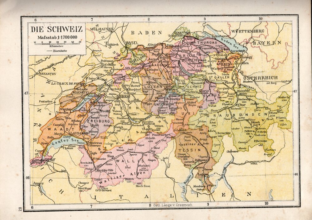 Schweiz 1908 - aus: Neuer Familien - Atlas Jean Frey. Schweizerische Wochenzeitung. Zürich 1908