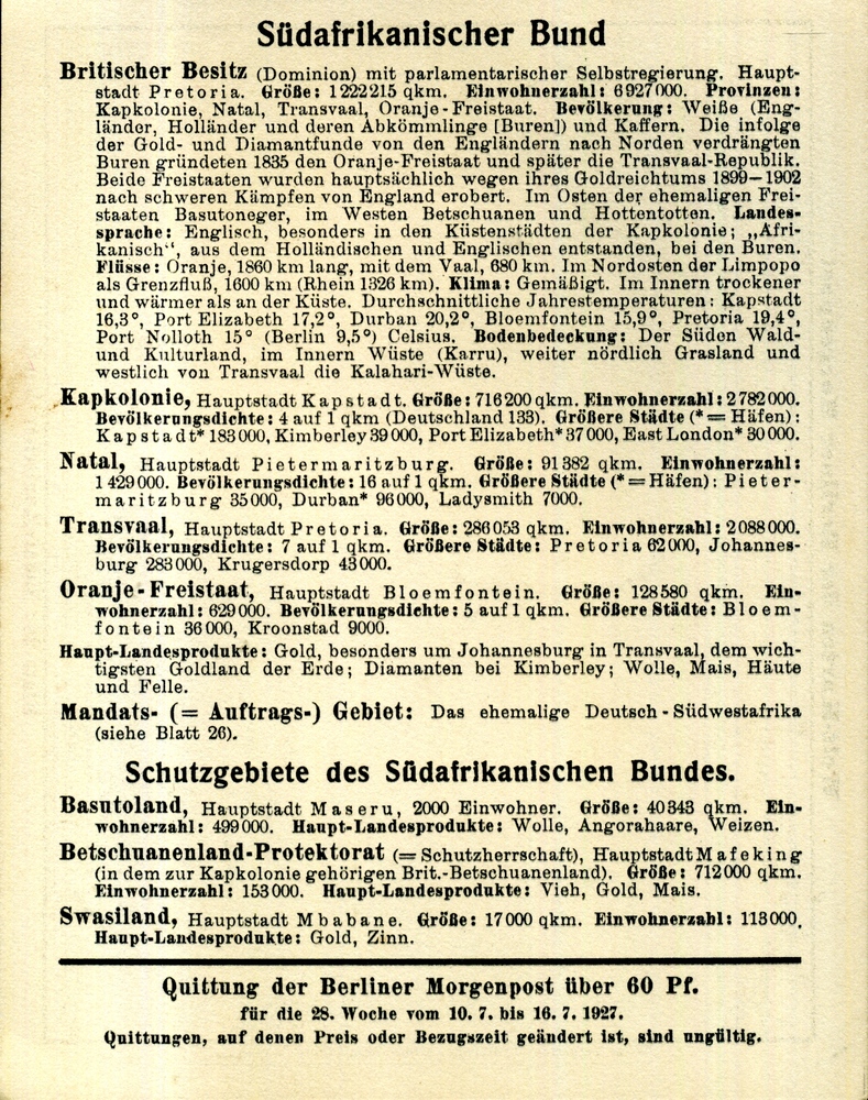 Südafrika - Welt-Karten der Berliner Morgenpost 1927